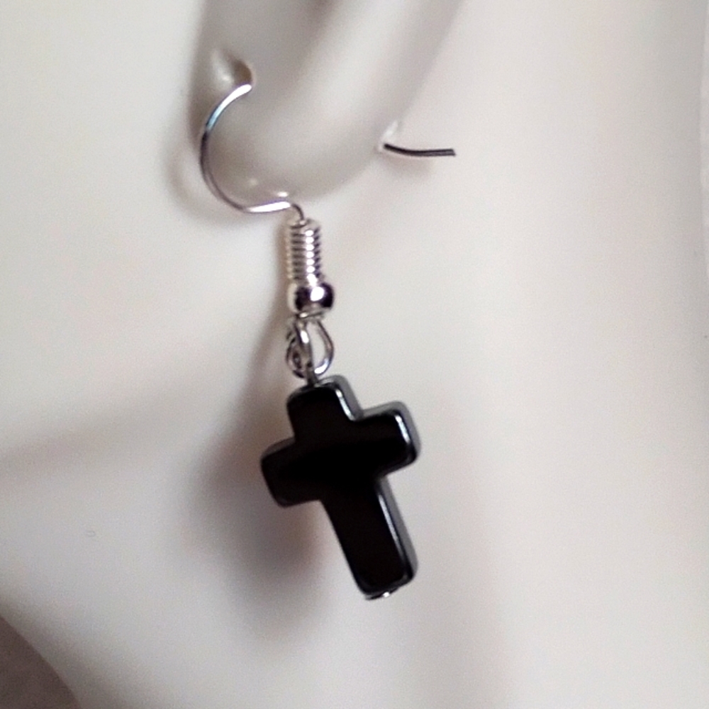 Black Hematite natural stone cross bead dangle earrings silver plated hook